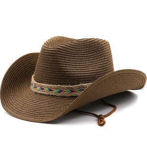Western Cowboy Straw Hat Fedora With Colorful Woven Band Adjustable Windproof Rope Sun Protection Beach For Men Women