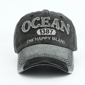 Vintage dark gray OCEAN embroidery cotton baseball cap with a sun protection curved brim