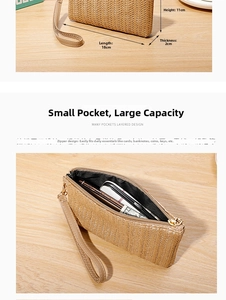 Straw texture wristlet clutch with metal zipper and internal phone compartment details