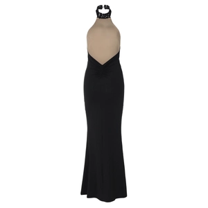 Detailed view of backless halter maxi dress with black lace trim and beige bodice