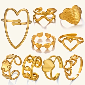 Set aus neun 18k vergoldeten Edelstahl-Herzringen mit verstellbarem offenem Banddesign