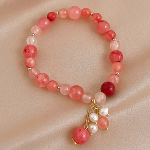 Bracelet Künstliche Perles Cristal Couleur Bonbon Sucré Avec Pendentif Künstliche Perle Alliage Bijoux Main Élastique Pour Femme Élégant