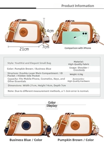 Detail of vintage crossbody camera bags showing size dimensions and dual main pockets