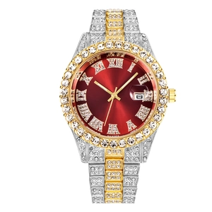 Men's luxury business watch with red sunray dial, calendar and full diamond encrusted case
