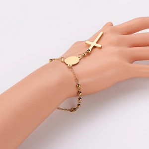 Minimalist gold stainless steel beaded bracelet with cross and virgin mary medal pendant