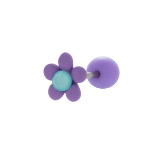 Purple daisy stainless steel screw back stud earring with blue core on white background