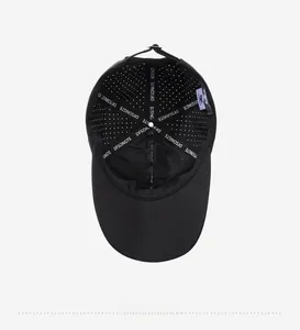 Detail of the mesh lining and adjustable strap on the breathable black baseball cap