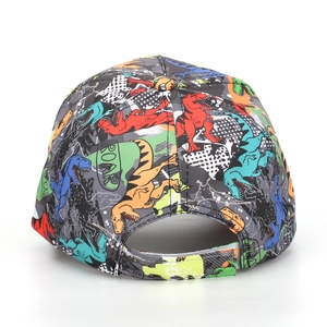 Kids baseball cap featuring colorful cartoon dinosaur print and adjustable velcro back