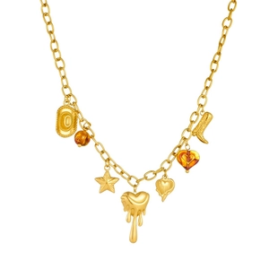 Collier doré en acier inoxydable avec charms cœur lave étoile chapeau et botte