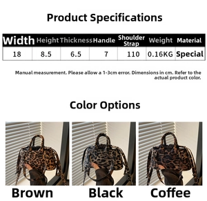 Size chart showing dimensions and colors for leopard print mini handbag for women