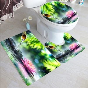 Three-piece bathroom mat set with zen bamboo, lotus flowers, and smooth river stones