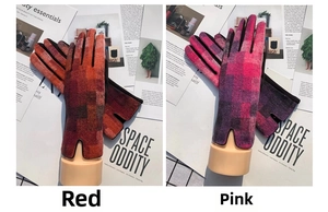 Detail view of pink and red plaid winter gloves with V-cut wrist and touch screen fingertips