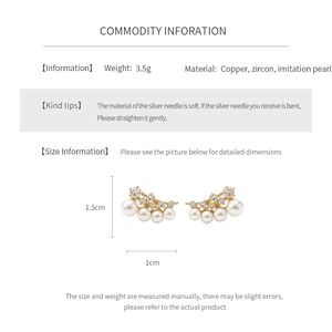 Detail showing 18k gold plated pearl and zircon earrings with dimension 1.5cm by 1cm