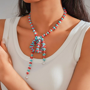Bohemian sweater chain with irregular red stones, turquoise beads and pearl tassels