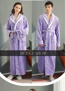 Couples purple flannel bathrobes featuring plush fabric with white piping and waist tie