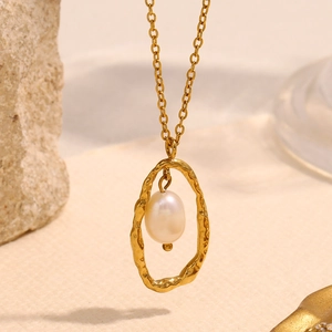 Collier Pendentif Künstliche Perle Acier Inoxydable Plqué Or 18K Charme Ovale Texturé Irrégulier Bijoux Rétro Elégants Pour Femmes