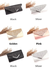 Glitter evening clutches in black, gold, silver, and pink with V-shaped metal trim