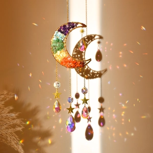 Rainbow crystal moon suncatcher with gold wire weaving and multifaceted prism pendants