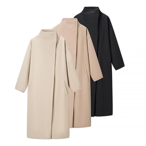 Dames Trenchcoat Trechterhals Lange Mouwen Polyester Wollook Minimalistisch Losse Lange Bovenkleding Jas Met Zakken
