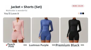 Three colors of yoga sets with long sleeve zip jacket and high waist shorts