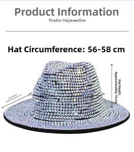 Detailed dimensions of sparkling rhinestone fedora with 56-58cm circumference measurement