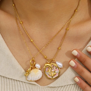 Ocean Shell Starfish Necklace And Earrings Stainless Steel 18K Gold Plated Faux Artificial Pearl Vintage Summer Beach For Women