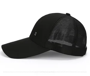 Side view of black sports baseball cap with long brim and breathable mesh design