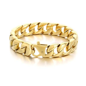 Polished 15mm gold Cuban link chain bracelet in stainless steel for men with high reflection