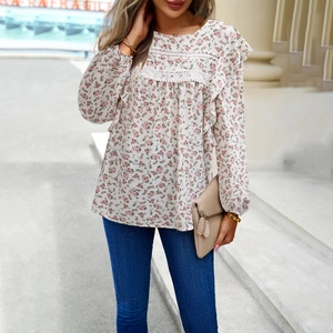 Women Floral Blouse Lace Patchwork Ruffle Long Sleeve Round Neck Elegant Chiffon Top Vintage Print Commute Shirt