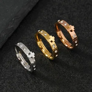 Cross Ring Stainless Steel Rhinestone Inlaid Fashion Religious Band Jewelry For Women Men Non Tarnish