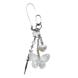 Y2K iridescent butterfly phone charm with silver syringe pendant and beads on metal chain