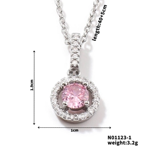 Detailed view of silver necklace with pink gemstone pendant and specific measurements