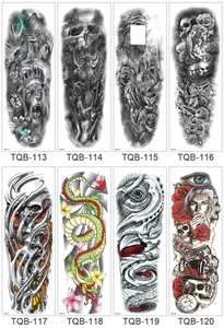 Detail view of full arm tattoo stickers with lion, skull, and dragon designs