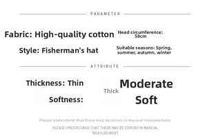Detailed size chart for cotton bucket hat showing 58cm head circumference and fabric specs