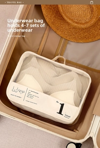 Close-up of pearl white travel underwear organizer with breathable mesh in a suitcase