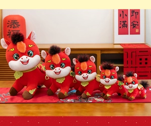 Detail shot showing five sizes of 2026 Year of the Horse red plush zodiac mascot horse toys