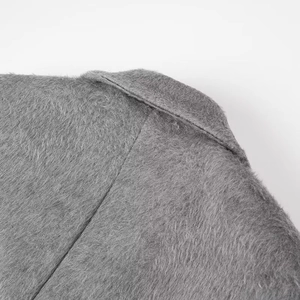 Detailed close-up of a grey plush wool-like coat showing lapel and collar texture