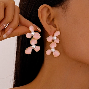 Pink Flower Artificial Pearl Earrings Alloy Enamel Sweet Elegant Fresh Style Silver Earring Post For Women