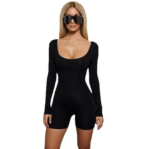 Sexy schwarzer Damen-Jumpsuit mit U-Ausschnitt, langen Ärmeln und Rückenausschnitt