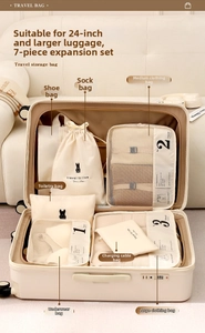 Detailed view of 7-piece cream travel organizers packed neatly inside a beige suitcase