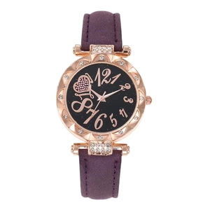 Purple leather watch with rose gold rhinestone bezel and starry heart-shaped dial