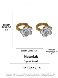Detail showing dimensions and material of gold flower earrings with a central pearl