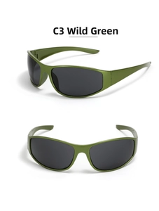 Close-up of Y2K style oversized sports sunglasses in wilderness green with black lenses