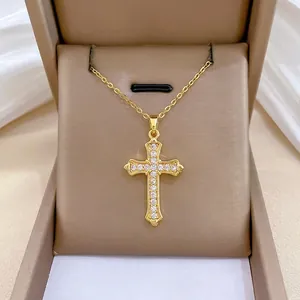 Cross Pendant Necklace Stainless Steel Copper Inlaid Cubic Zirconia Shiny Elegant Clavicle Chain Jewelry For Women