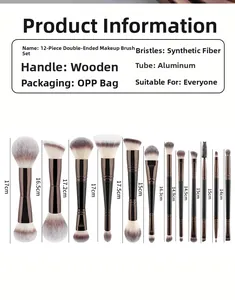 Size chart for 12pcs dual-ended makeup brushes with handle lengths from 14cm to 17.5cm