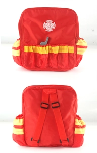 Front and back views of a red kids fire department backpack with adjustable straps