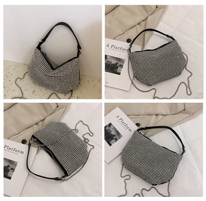 Multiple views of a trendy silver rhinestone hobo bag with leather handle and metal chain