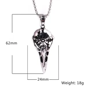Vintage Viking bird skull necklace in stainless steel with Vegvisir compass engraving