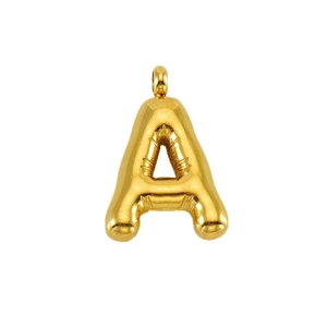 Macro detail of golden bubble letter A pendant with high-shine mirror finish surface
