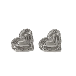 Modern silver liquid metal lava textured heart stud earrings in polished stainless steel